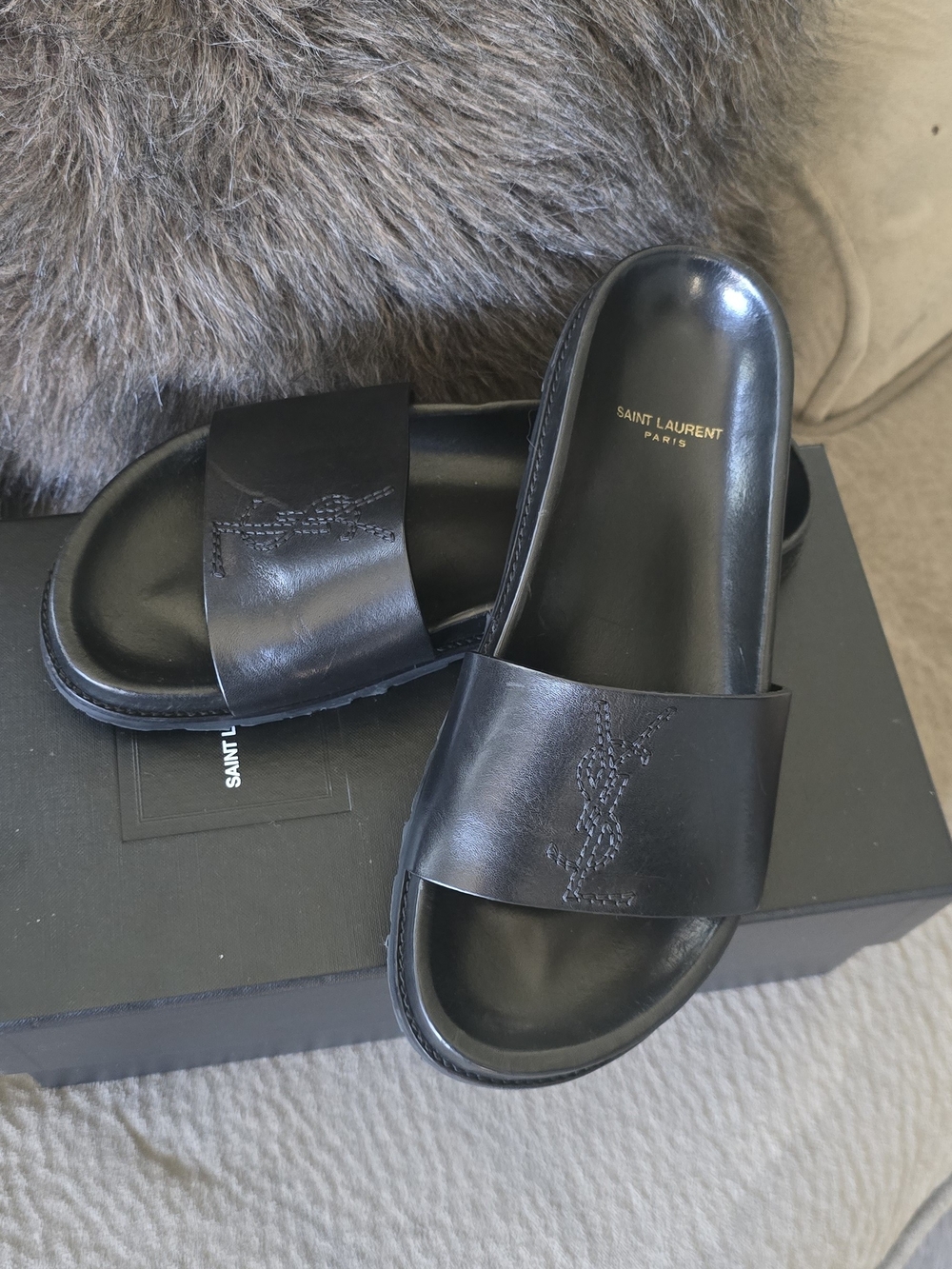 Saint Laurent Black Leather Slide Sandals with Embossed Monogram